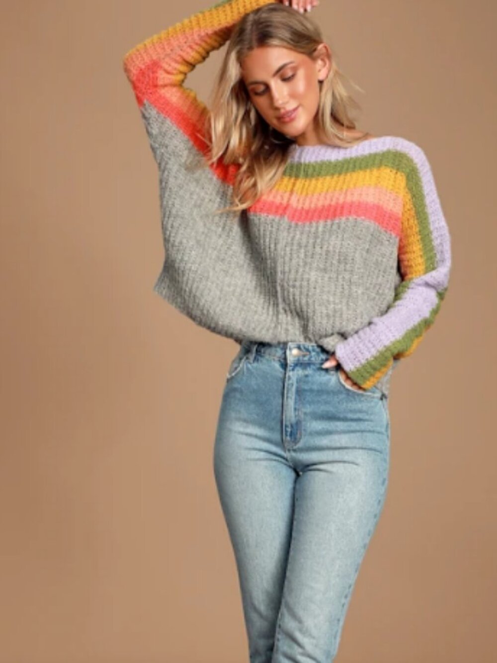 See the Rainbow Grey Rainbow Striped Sweater by Free People Sz Small MSRP $168